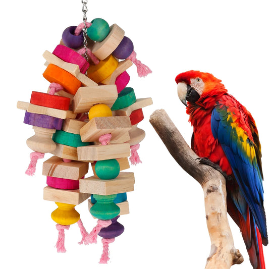 Wooden Block & Knot Hanging Chew Toy for Parrots