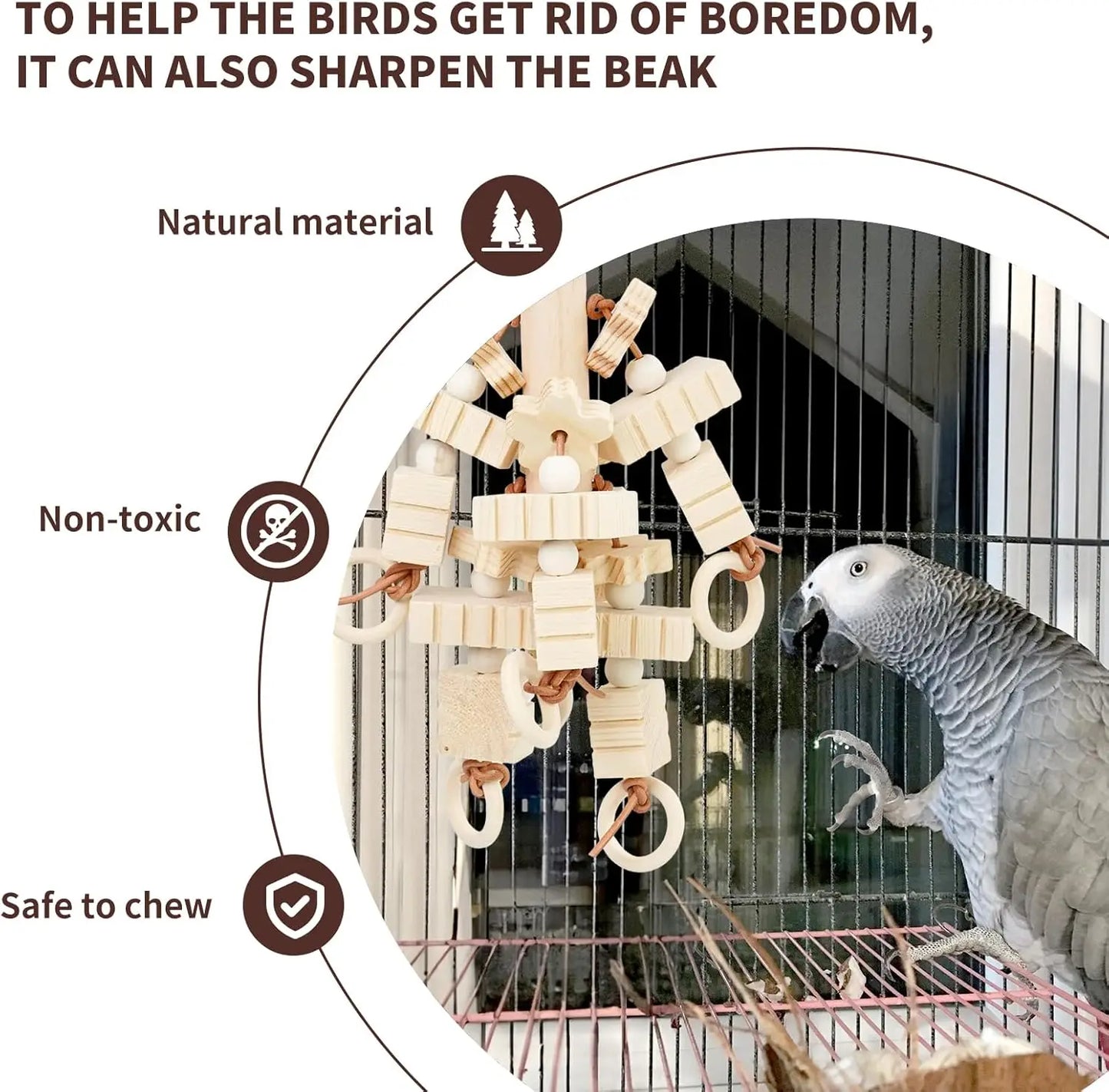 Natural Wooden Block Chew Toy for Cockatiels, African Greys & Macaws