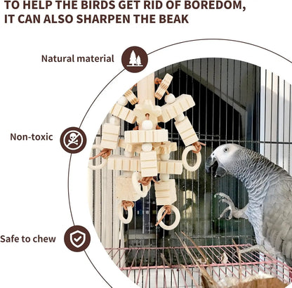 Natural Wooden Block Chew Toy for Cockatiels, African Greys & Macaws