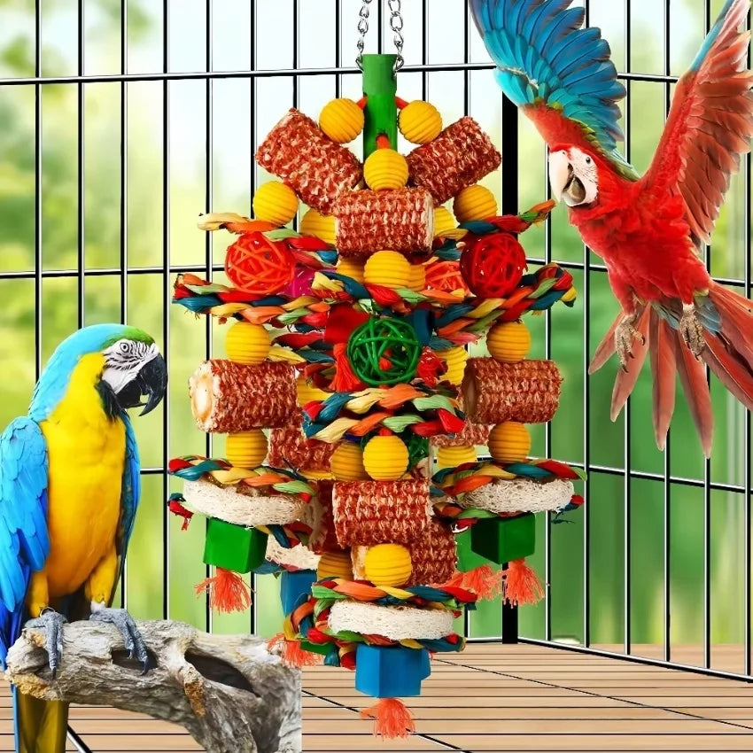 Large Natural Wood & Rattan Ball Foraging Toy for Macaws & Cockatoos