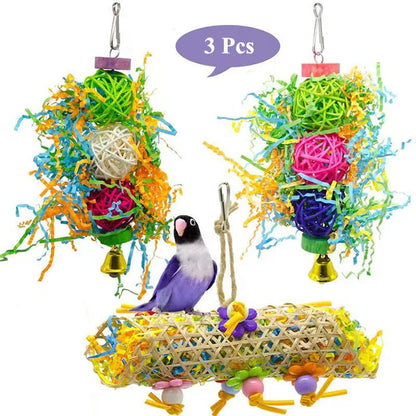 Colourful Bird Chewing & Shredding Foraging Toy with Bell – 2 or 3 Pack