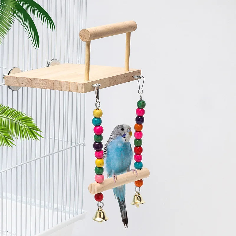 8-Piece Wooden Parrot Toy Combo Set – Swing, Bell, Ladder & More
