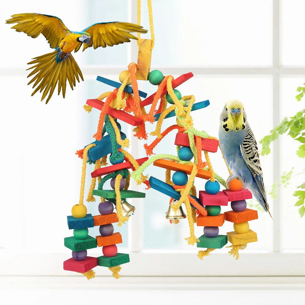 Colourful Wooden Cotton Rope Chew & Tearing Toy for Parrots