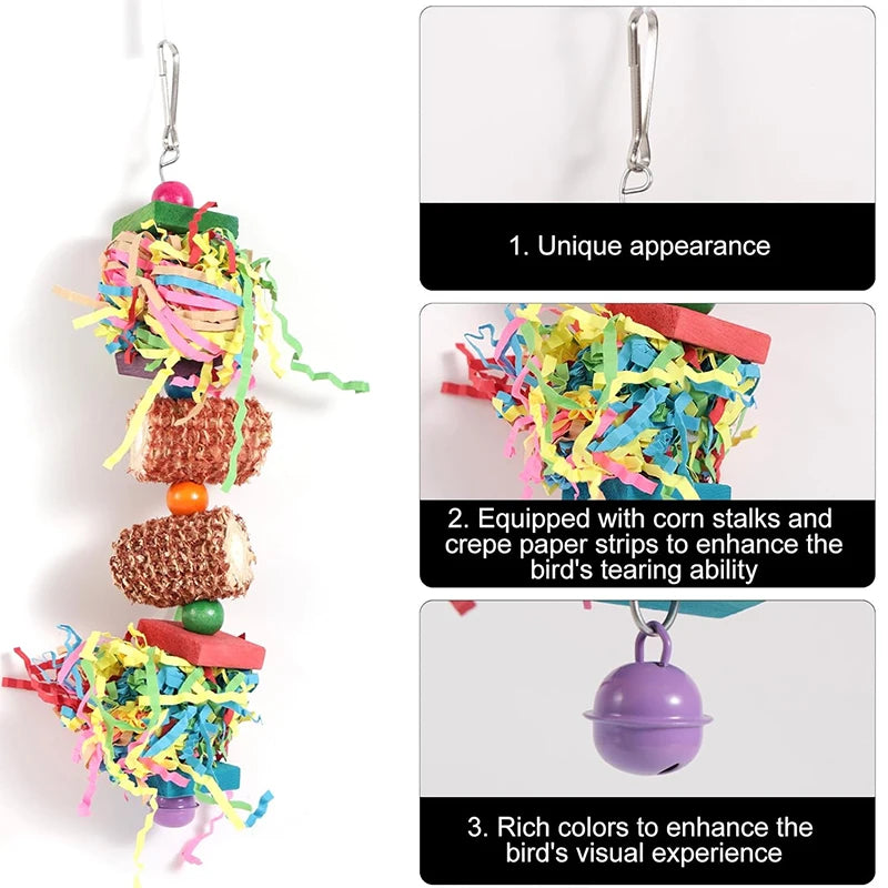 Colourful Bird Chewing & Shredding Foraging Toy with Bell – 2 or 3 Pack