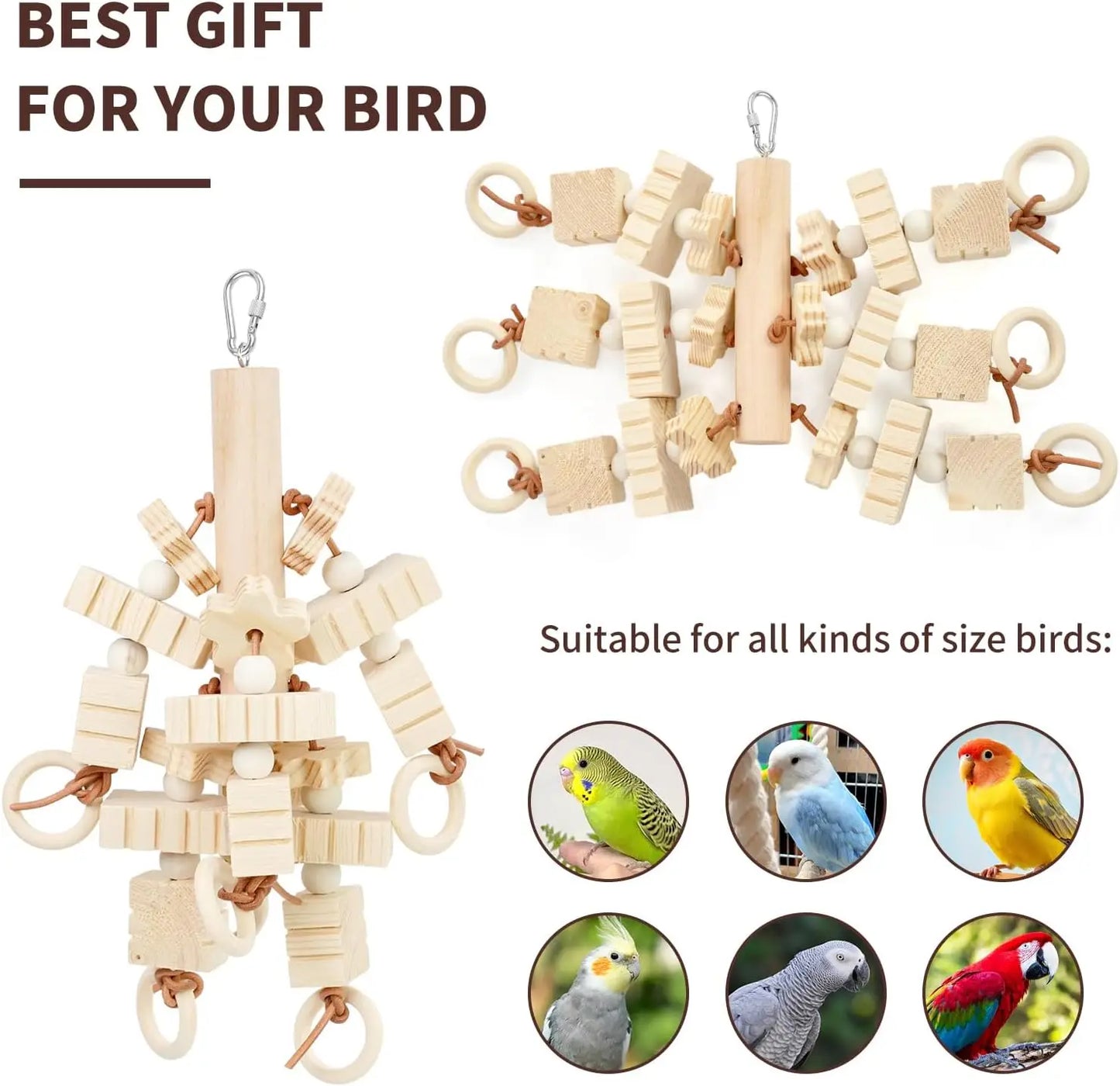 Natural Wooden Block Chew Toy for Cockatiels, African Greys & Macaws