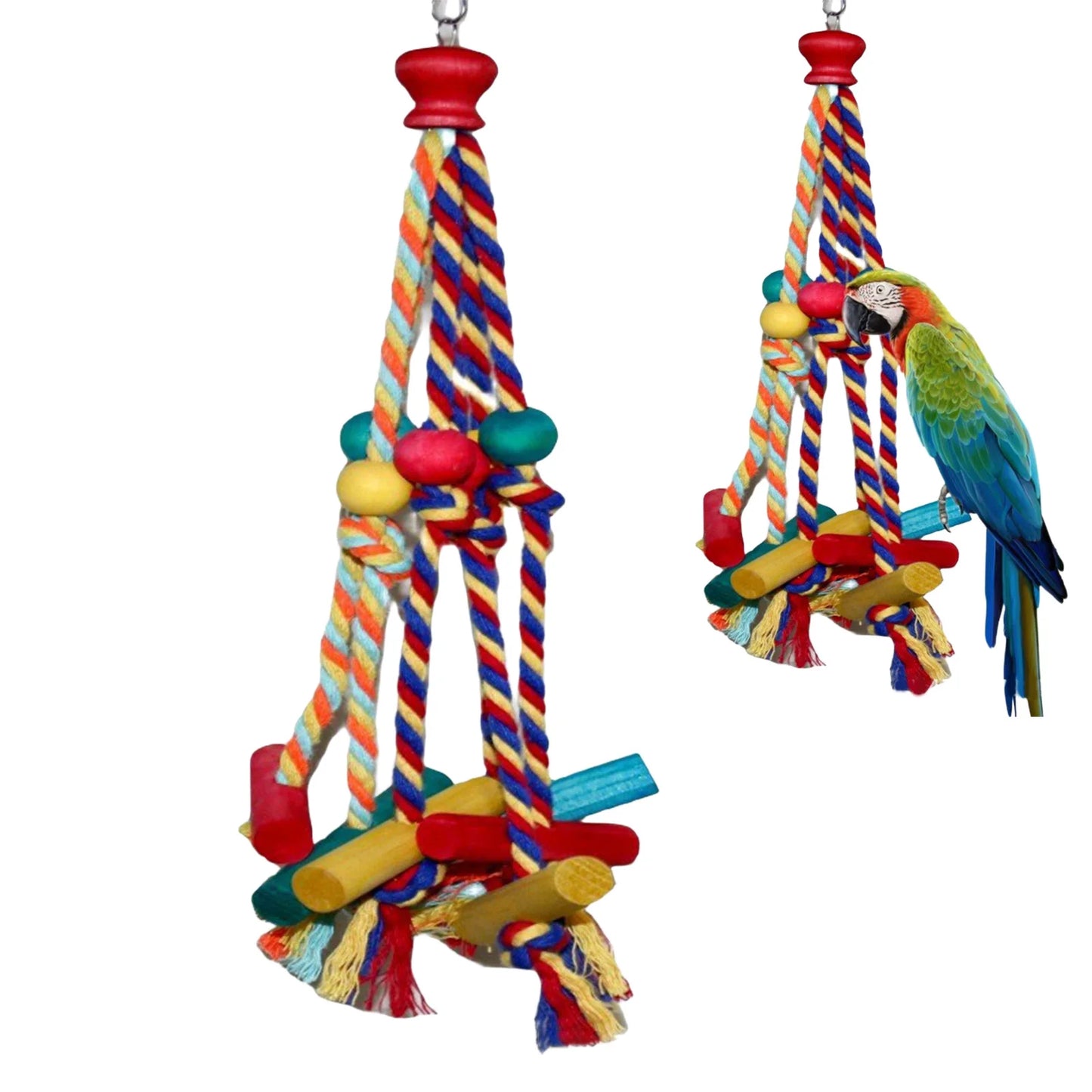 Multicoloured Cotton Rope & Wooden Bead Climbing Toy for Birds