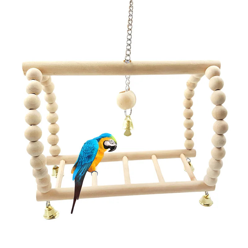 8-Piece Wooden Parrot Toy Combo Set – Swing, Bell, Ladder & More