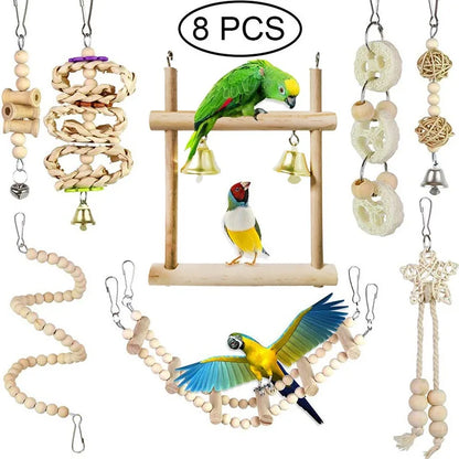 8-Piece Wooden Parrot Toy Combo Set – Swing, Bell, Ladder & More