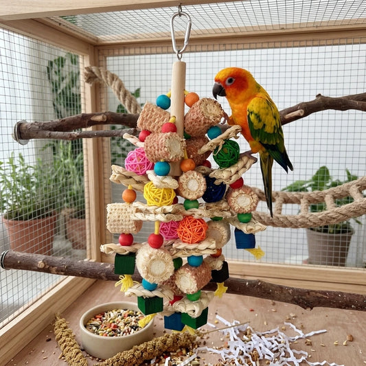 Natural Wood & Corn Husk Woven Ball Parrot Chew Toy