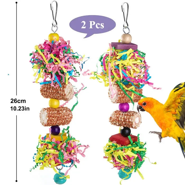 Colourful Bird Chewing & Shredding Foraging Toy with Bell – 2 or 3 Pack