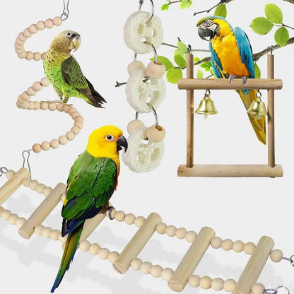 8-Piece Wooden Parrot Toy Combo Set – Swing, Bell, Ladder & More