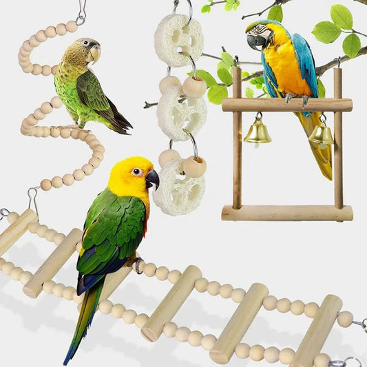 8-Piece Wooden Parrot Toy Combo Set – Swing, Bell, Ladder & More