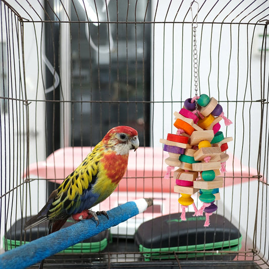Wooden Block & Knot Hanging Chew Toy for Parrots