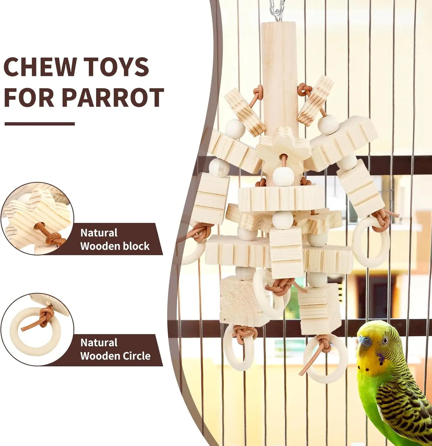 Natural Wooden Block Chew Toy for Cockatiels, African Greys & Macaws