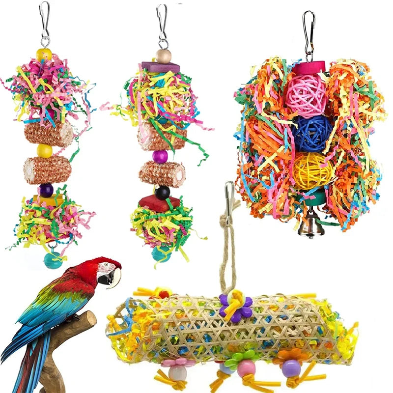 Colourful Bird Chewing & Shredding Foraging Toy with Bell – 2 or 3 Pack