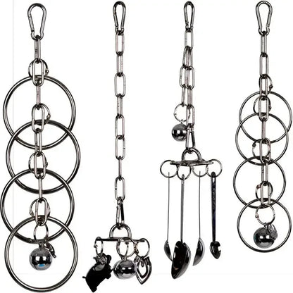 House of parrots & aviaries stainless steel hanging bird toy set with rings, chains, and bells for large parrots